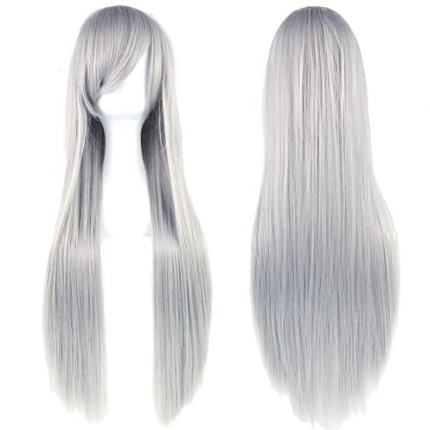 Zhuge Pelucas de cabello natural liso de 80 cm de largo para cosplay con flequillo, peluca colorida para fiesta de disfraces de Halloween para niña (gris)