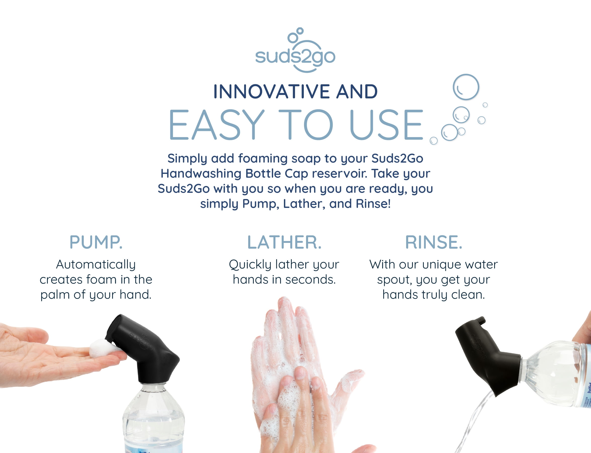 Suds2Go Refillable Caps, 2 Pack - Universal Fit Turns Most Disposable Water Bottles Into A Hand Washing Station - Includes Refillable Soap Reservoir - Conveniently Sized to Take on the Go - Black