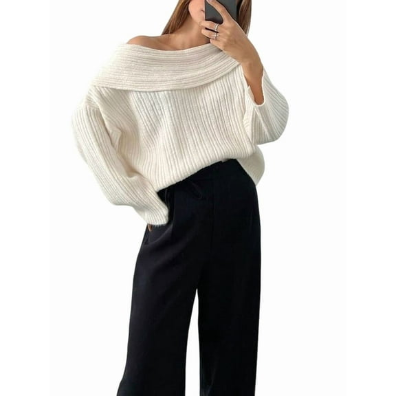 Women Off Shoulder Sweater Top Long Sleeve Knitted Pullover Casual Loose Oversized Trendy Vintage Knitwear Tops White M