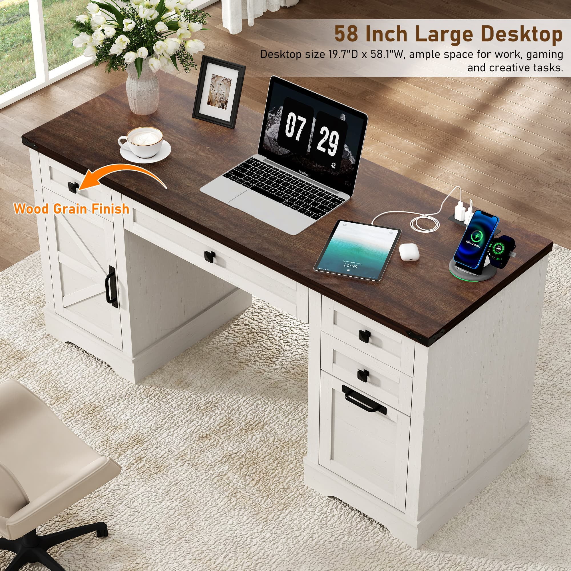 58" Farmhouse Executive Desk with 4 Drawers & Charging Station, Office Computer Desk with File Drawer, Rustic Wooden Study Desk Workstation for Home Office