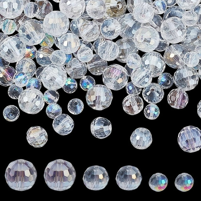 150 cuentas de vidrio de 3 tamaños, 6 mm, 8 mm y 10 mm de diámetro, transparentes, color AB, facetadas, redondas, con agujeros, iridiscentes.