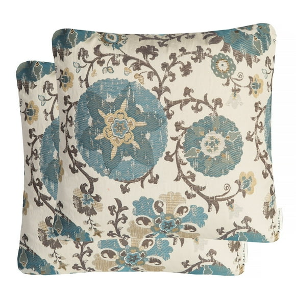 Mika Home Lot de 2 Housses de Coussin Décoratives Jacquard Cercle Floral pour Inserts 22X22 Bleu Crème