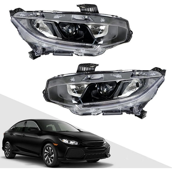 Genrics 2-Pack Headlight Assembly Projector Black Left and Right Side Replacement for 2016-2021 Civic