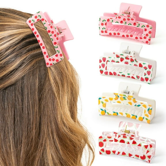 Haooryx Fruit Hair Claw Clips for Women & Girls, 4Pcs Rectangular Grab Clips with Strawberry Watermelon Lemon Cherry Sign Birthday Gifts