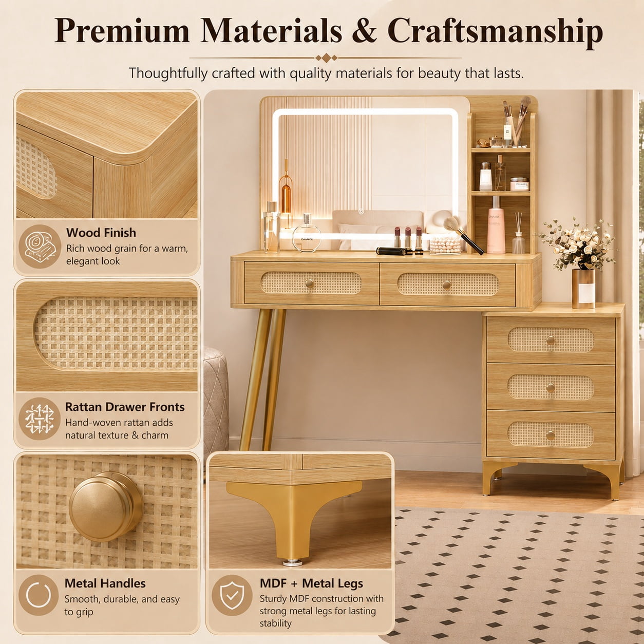 Aukfa 47.2" Rattan Makeup Vanity Desk with Lighted Mirror, Vintage Wood Vanity Table with 5 Drawers & Shelves, Gold Metal Legs, Natural