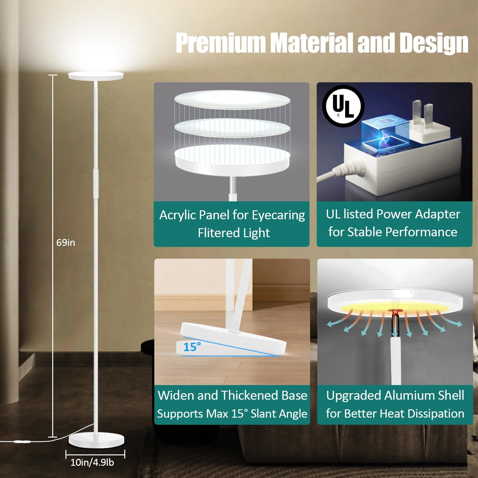 Floor Lamp  Upgraded 40w 4000lm Super Bright Torchiere Led Lamps For Living Room Stepless Dimmable Color Temperature 2700k-6500k With Remote & Touch Control Standing Light (40w White)