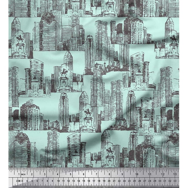 Soimoi Green Poly Georgette Fabric Buildings Architectural Decor Fabric Printed Yard 42 Inch Wide