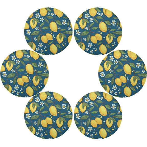 SKYSONIC Yellow Lemons Round Placemats for Dining Table Non-Slip Heat-Resistant Polyester Table Mats Set of 6 Washable Table Mats for Kitchen Dining Table Decoration (172)
