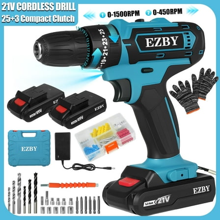 EZBY 21V Cordless Drill Set,Electric Power Drill Driver with 2 Batteries and Screw Kit,3/8" Keyless Chuck,2 Variable Speed, for Home Repair & DIY
