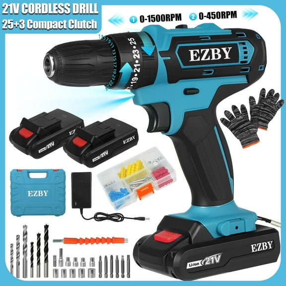 EZBY 21V Cordless Drill Set,Electric Power Drill Driver with 2 Batteries and Screw Kit,3/8" Keyless Chuck,2 Variable Speed, for Home Repair & DIY