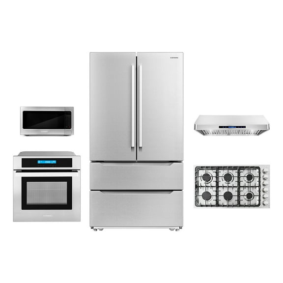 Cosmo 5 Piece Kitchen Package With 36" Gas Cooktop 30" Single Electric Wall Oven 24.4" Countertop Microwave French Door Refrigerator & 24" Built-in Fully Integrated Dishwasher