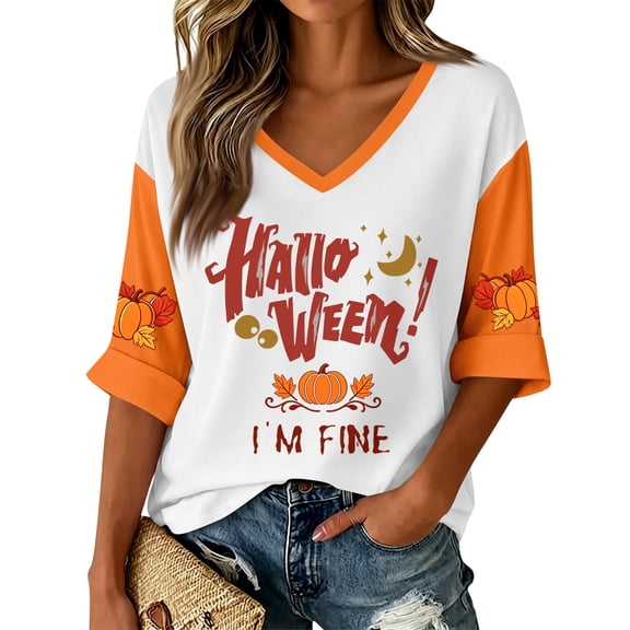 Trgacdwlo Womens Halloween Printed Shirts V Neck 3/4 Length Sleeve Womens Tops Funny Pumpkin Ghost Fall Festival Women Graphic Shirts