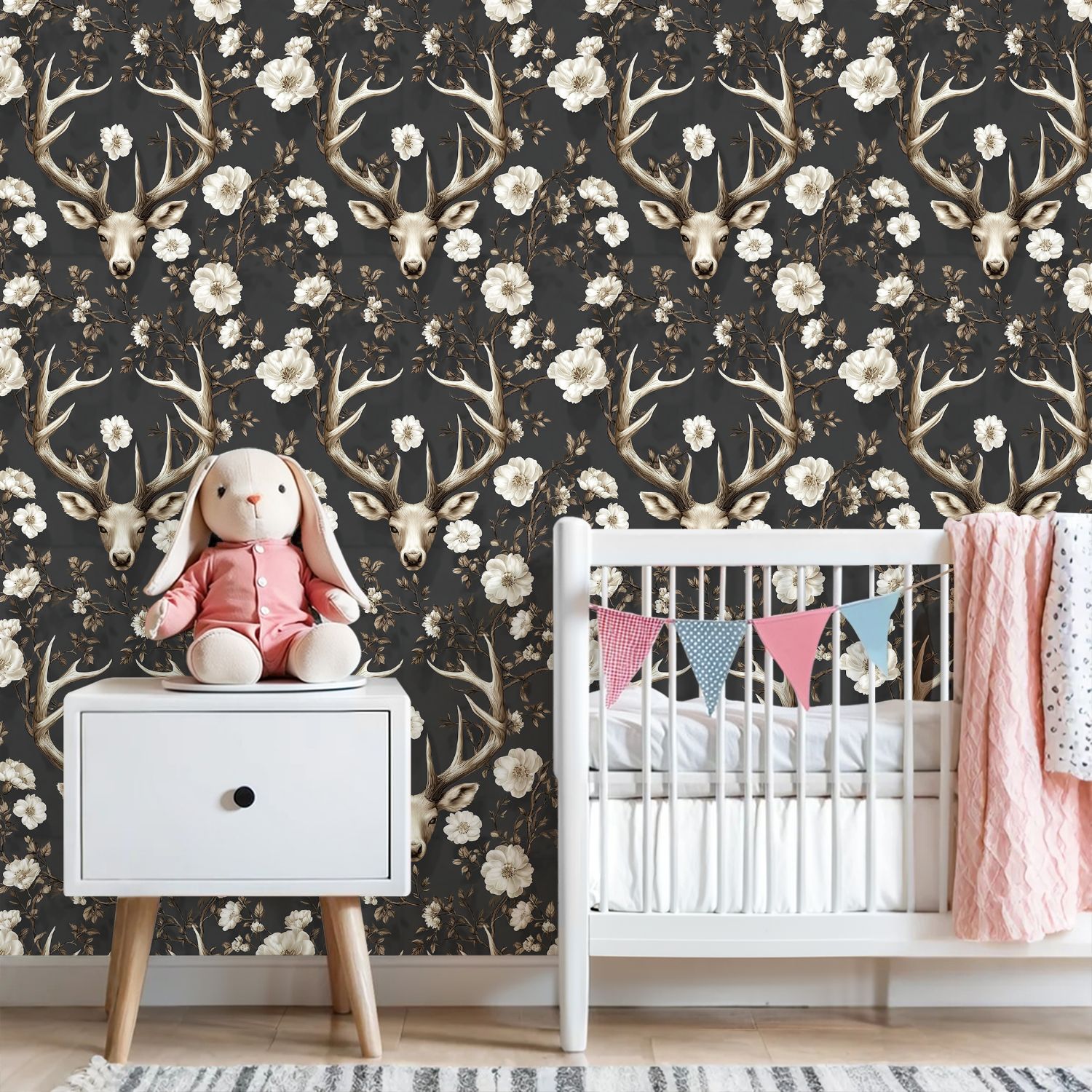 Peel and Stick Wallpaper 23.6in x 9.8ft Antlers Floral Neutral Beige Tones Dark Contact Paper Vinyl Self-Adhesive Removable Wall Paper for Bedroom DIY Home Decor Renter Friendly