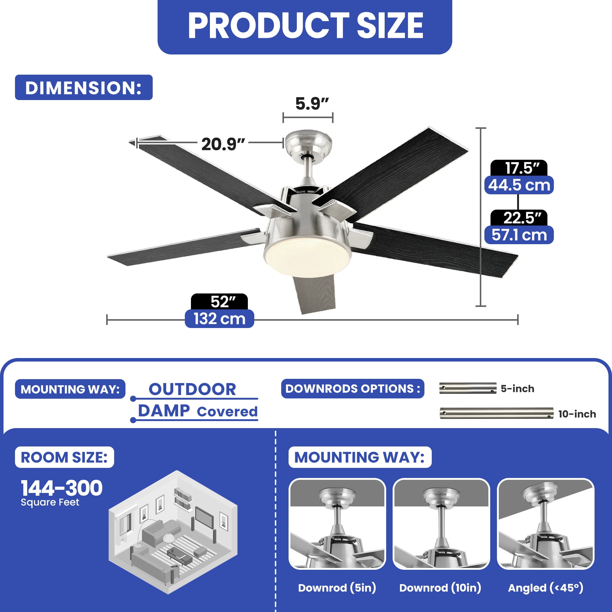 ModFusion 52in Modern Black & Silver Ceiling Fan, 6 Speeds, Quiet Air Reversible Motor, Dimmable LED