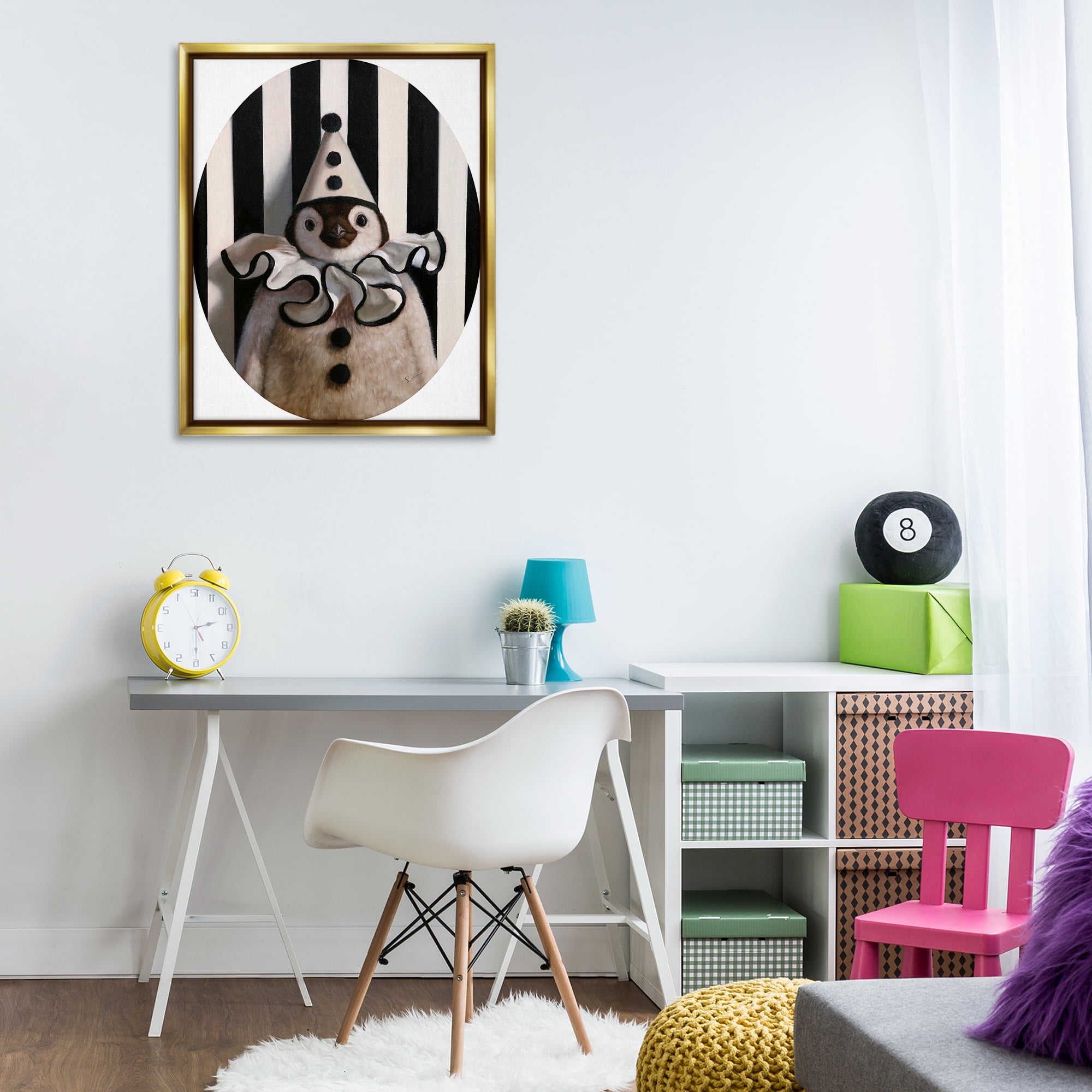 Stupell Industries Clown Themed Penguin Animals Painting Gold Floater Framed Canvas Art Print Wall Art, 25 x 31
