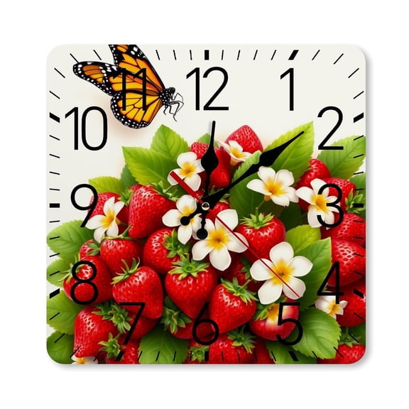 RKSupls 10×10inch Square Silent Wall Clock Wooden Frame, Strawberry Butterfly Garden Scale Decorative Clock for Home Bedroom Living Room Office