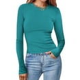 thumbnail image 2 of VEKDONE Womens Ribbed Knit Long Sleeve Shirts Slim Fitted Stretchy Tight Tops Basic Solid Color Tees Fall Soft Comfy Yoga Cropped Tops, 2 of 6