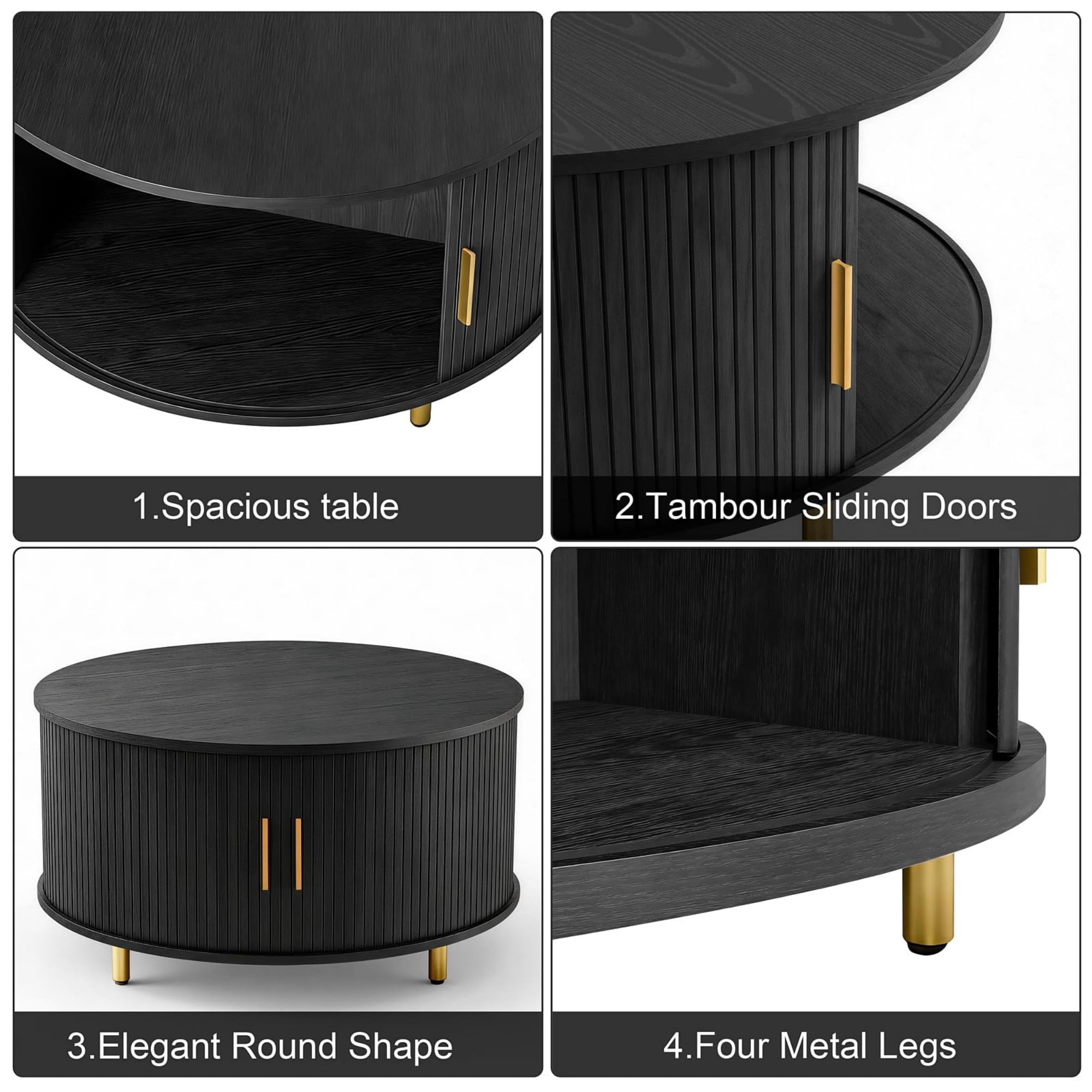 31.5" Round Coffee Table, Mid Century Modern Fluted Coffee Table with 360° Sliding Tambour Door & Storage, Black