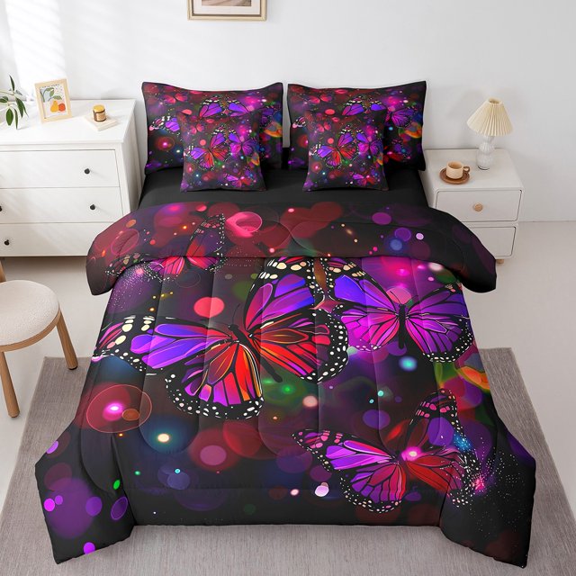 Lit en Sac Papillons Violets Grand 7 Pcs, Ensemble de Literie Papillon Rêveur Réversible Esthétique Rustique Design Animal, Ultra Doux et Respirant avec Couette, Draps, Taies d'Oreiller et Housses de Coussin