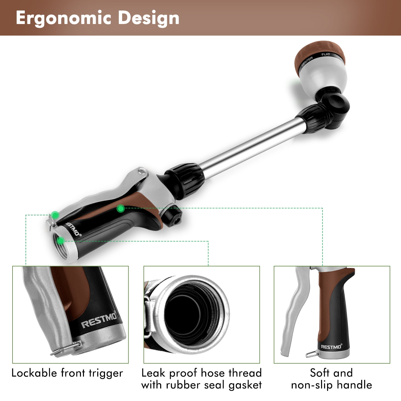 Restmo Heavy Duty Metal Watering Wand ,16-Inch Garden Hose Sprayer with 180° Swivel Head, 7 Spray Patterns & Flow Control, Brown