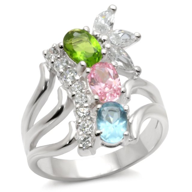 High-Polished 925 Sterling Silver Ring with AAA Grade CZ in Multi Color for Women Multi Color Stone Color Style 40608 Size 5