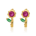 thumbnail image 5 of 14K Solid Yellow Gold Red Green Cubic Zirconia CZ Flower Huggie Mini Hoop Drop Dangle Earrings, 5 of 10