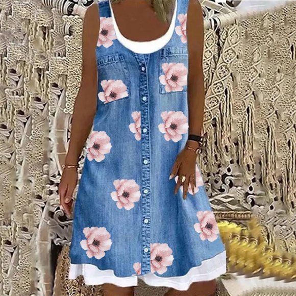 Baikeli Clearance Summer Dresses Fashion Women Casual Round-Neck Floral Printing Fake Two-Piece Sleeveless Dress Women's Dress