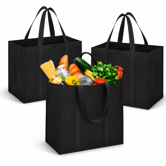 Set of 3 Reusable Grocery Bags,Large Foldable Heavy Duty Bag,Shopping Tote Produce Bag with Reinforced Handles & Thick Plastic Support Bottom,Black Washable Storage
