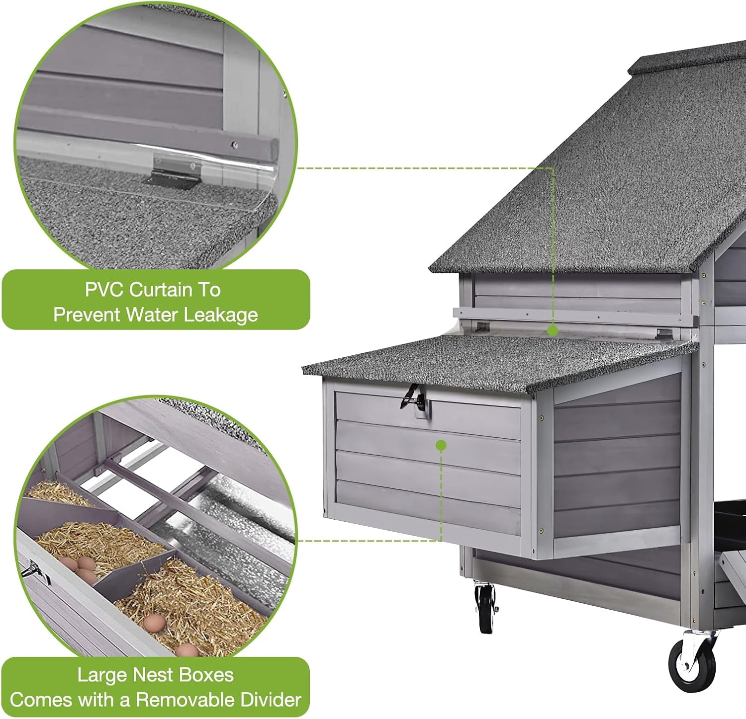 Aivituvin Large Chicken Coop with Wheels 6 Nesting Box Outdoor Mobile Hen House Wooden Poultry Cage Waterproof Asphalt Roof for 4-6 Chickens Gray