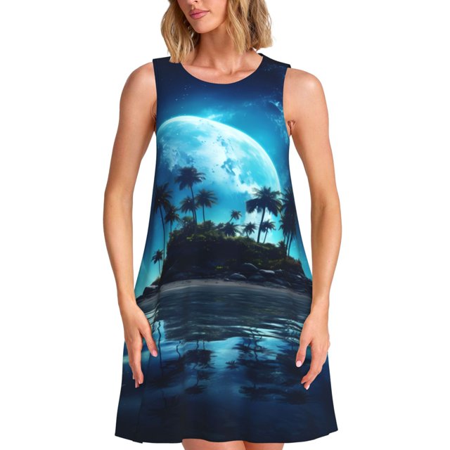 Disketp Hawaiian Beach Pirate Moon para Vestido sin Mangas para Mujeres, Vestidos de Verano para Mujeres, Casual y Holgado para la Playa