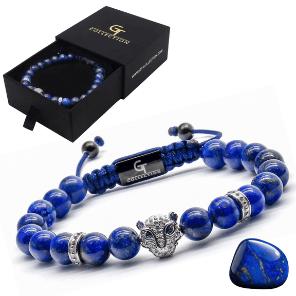 Men's LAPIS LAZULI Bracelet with Silver LEOPARD Head | Gift for Men | One Size Fits All | 100% Natural | Gemstone Adjustable Bracelet