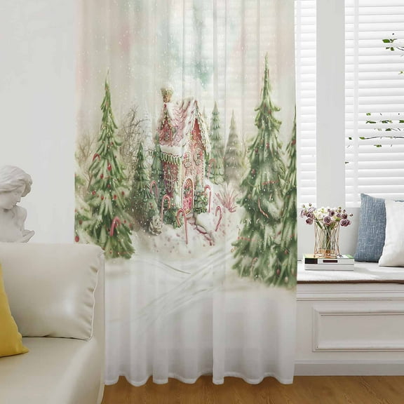 Christmas Semi Sheer Curtains Drapes for Living Room, Bedroom, French Doors Window 63 Inches Long, Green Xmas Tree Farmhouse Winter Rod Pocket Chiffon Curtain Drapery Voile Draperies Panel