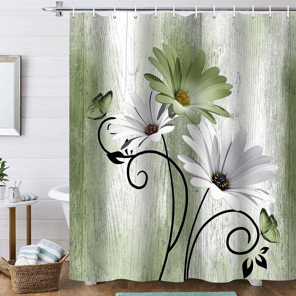 Hadint 4Pcs Grass Green Daisy Floral and Butterfly Shower Curtain Set, Shower Curtain and Rug Set, 12 Pcs Hooks, 71inx71in