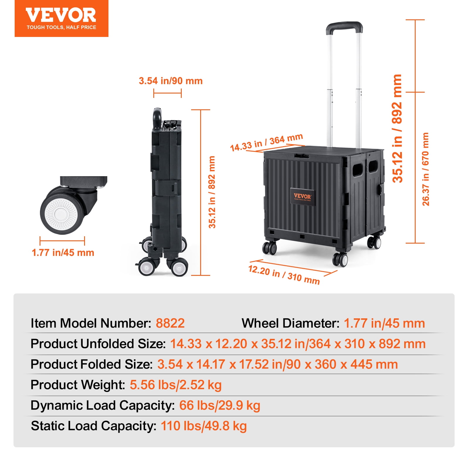 VEVOR Folding Shopping Cart Foldable Utility Cart 110 lbs Telescoping Handle