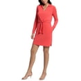 thumbnail image 4 of London Times Collared V-Neck Long Sleeve Solid Tie Front Short Matte Jersey Dress-NAVY / 10, 4 of 4