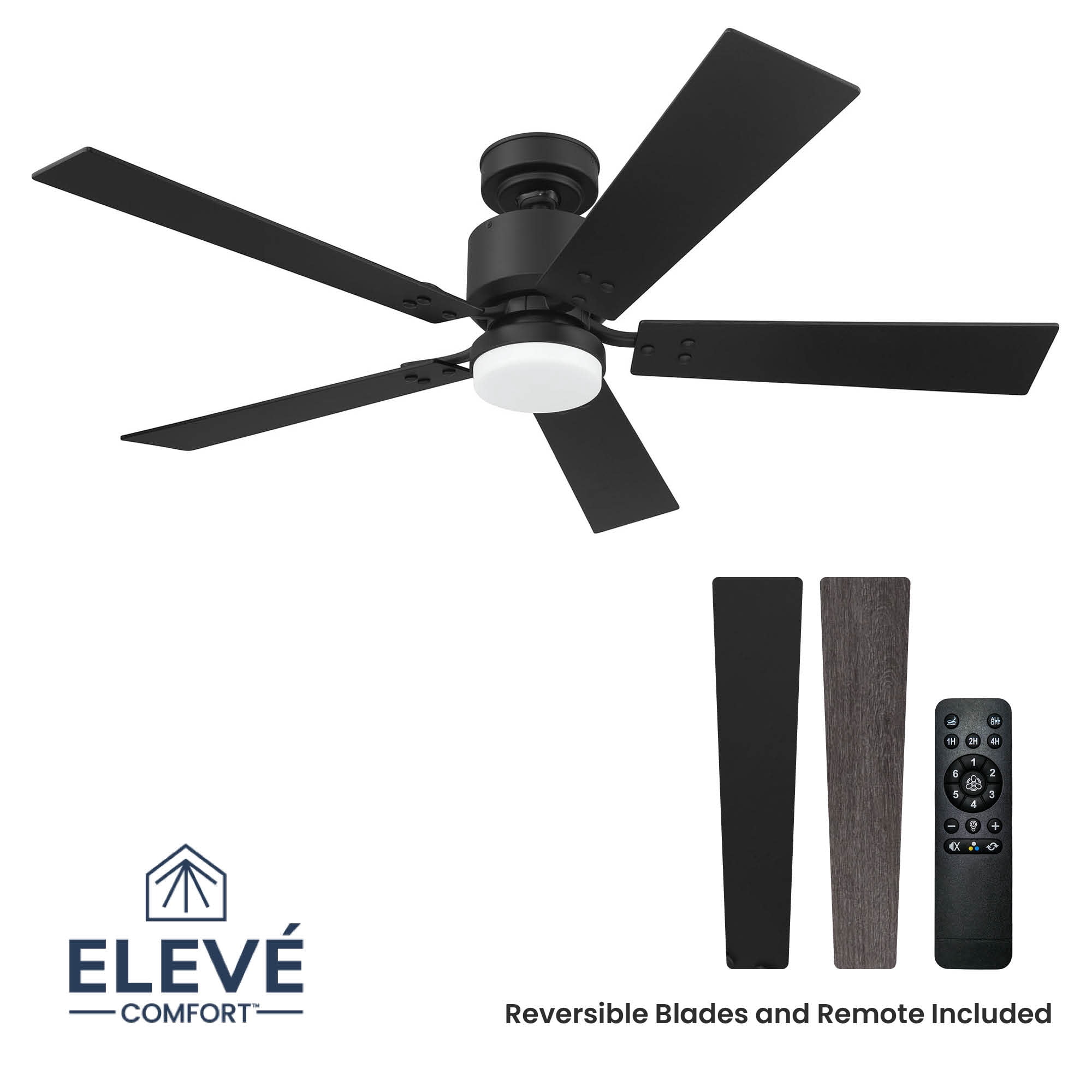 Matte Black 52 Inch 5 Blade Indoor Ceiling Fan, Ideal for Bedrooms and Living Rooms, Quiet DC Motor, LED Light with Remote, Eleve Comfort