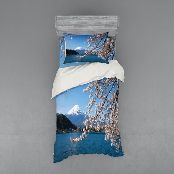 Ambesonne Mountain Bedding Set 3 Pcs, Japan Lake Cherry Blossoms, Twin, Multicolor