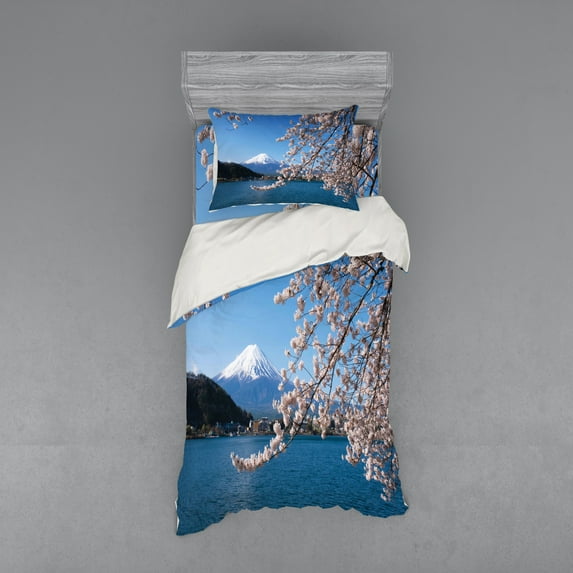 Mountain Duvet Cover Set, Japan Heritage Mountain with Lake and Cherry Blossoms Scenery Photo, Bedding Set with Shams and Fitted Sheet, 3 Sizes, by Ambesonne