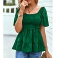 thumbnail image 2 of Women Short Sleeves Top Flower Patterns Ruffle Hem Elastic Shirred Bust Summer T Shirt Green XL, 2 of 6