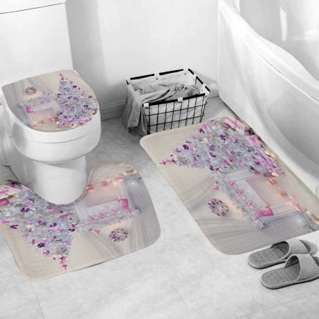 3 Pcs Pink Christmas Fireplace Pine Tree Xmas Eve Bathroom Rug Sets, Non Slip Bath Mat, Contour Mat and Toilet Lid Cover, Bathroom Mats Shower Mats Bath Rug Mat for Tub Shower and Bathroom