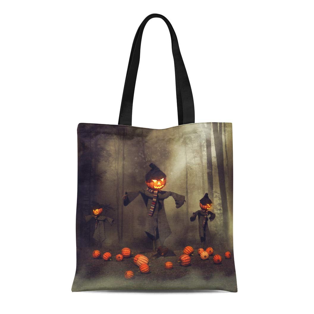 SIDONKU Canvas Bag Resuable Tote Grocery Shopping Bags Fog Halloween Scarecrows in Pumpkin Field ...