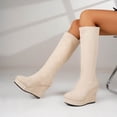 thumbnail image 5 of Women Round Toe Slip on Platform Wedge High Heel Knee High Tall Boots Comfort Stretch Footwear Autumn Winter Fashion Warm Shoes Beige 8.5(41), 5 of 9