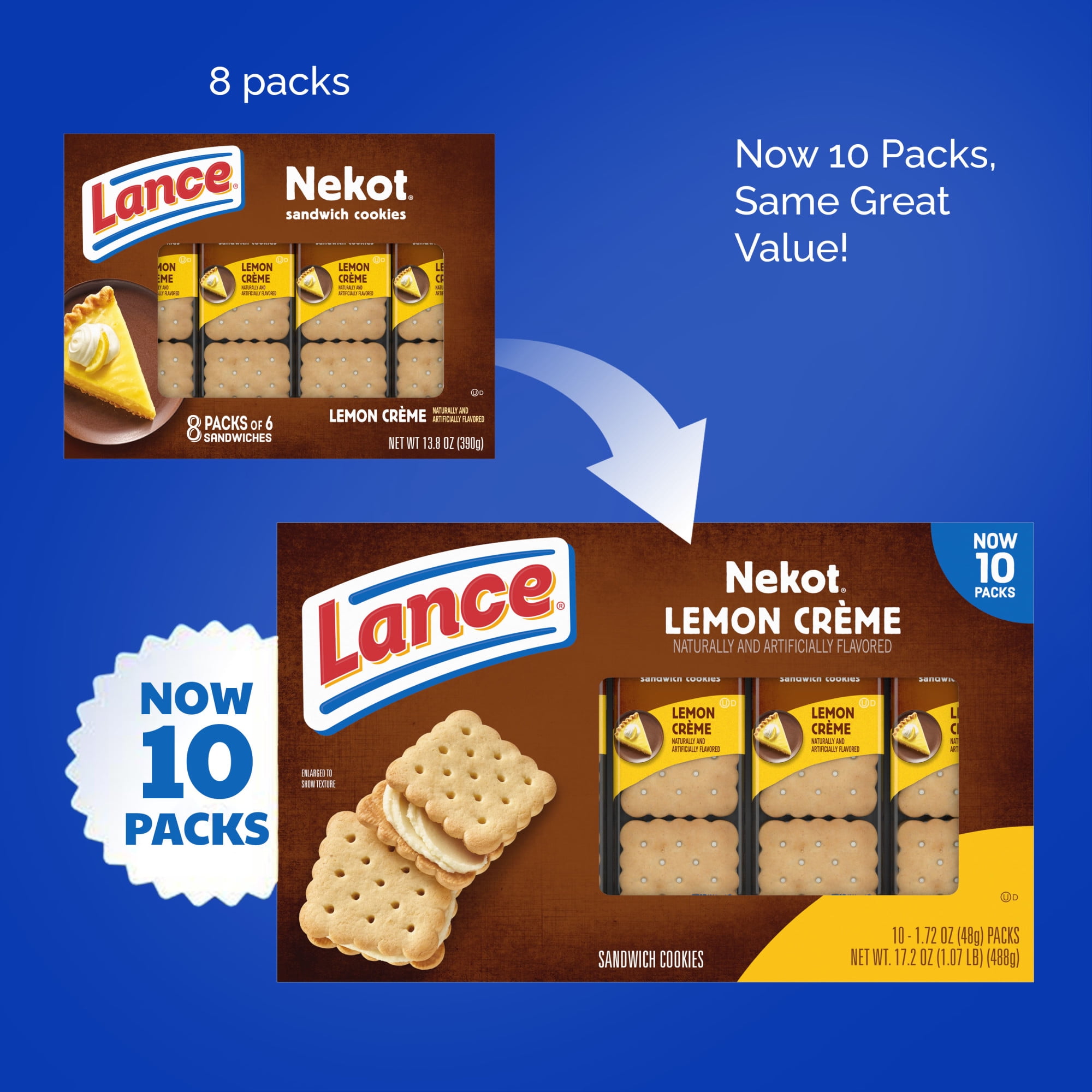 Lance Sandwich Cookies, Nekot Lemon Creme, 10 Individually Wrapped Packs, 6 Sandwiches (Pack of 4)