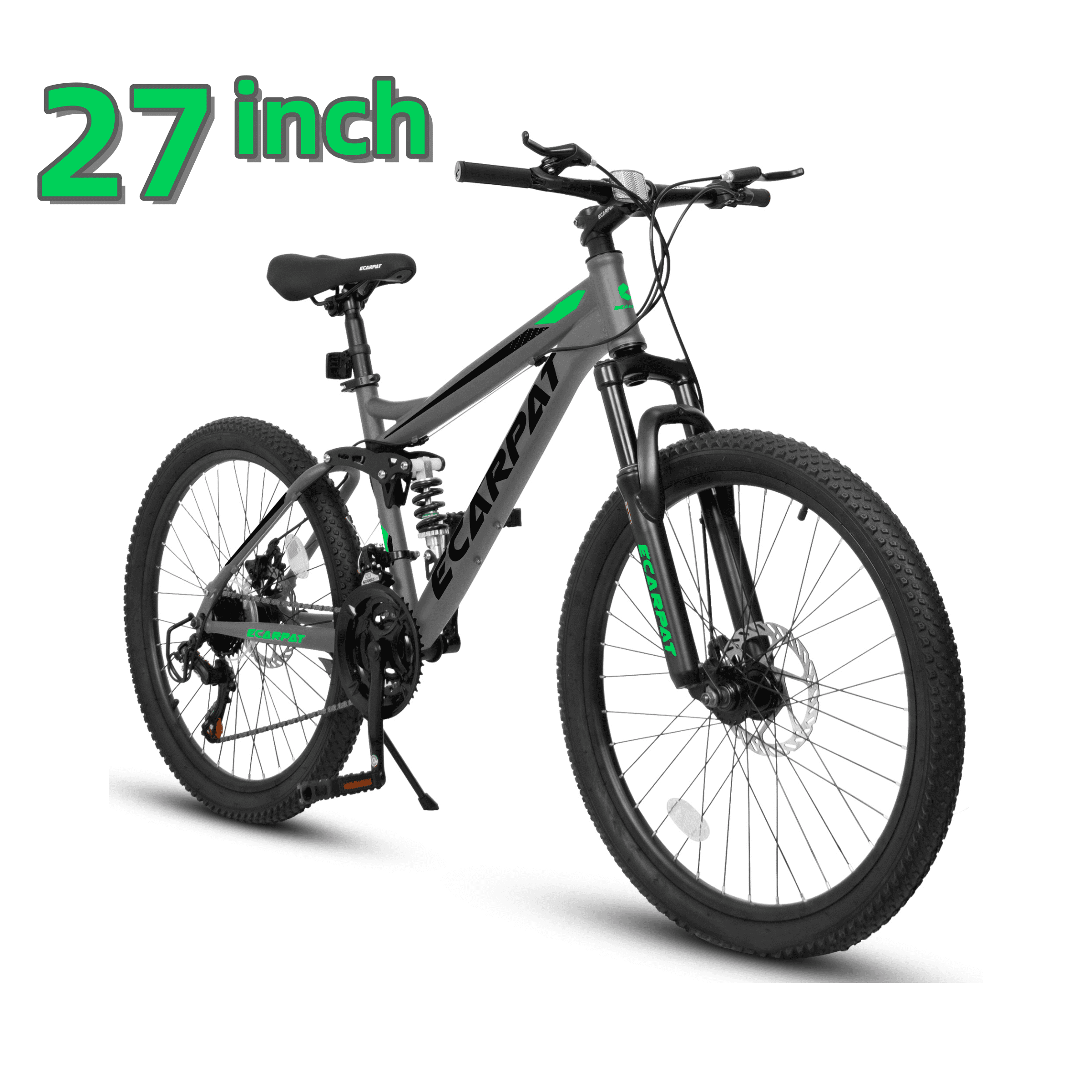 taoruifang 27.5" Full Suspension Mountain Bike, 21-Speed Dual Shock Bicycle with Mechanical Disc Brake, Steel Frame for Men Women, Green/Grey