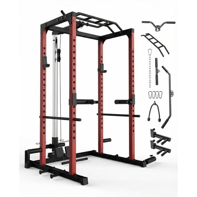 Power Cage Squat Rack – 1200 lb Heavy Duty – Multi-Functional Home Gym – Pulley, LAT Pulldown, Dip Bars, Pull Up, Low Row, J-Hooks & Landmine – Weight Storage – Red & Black