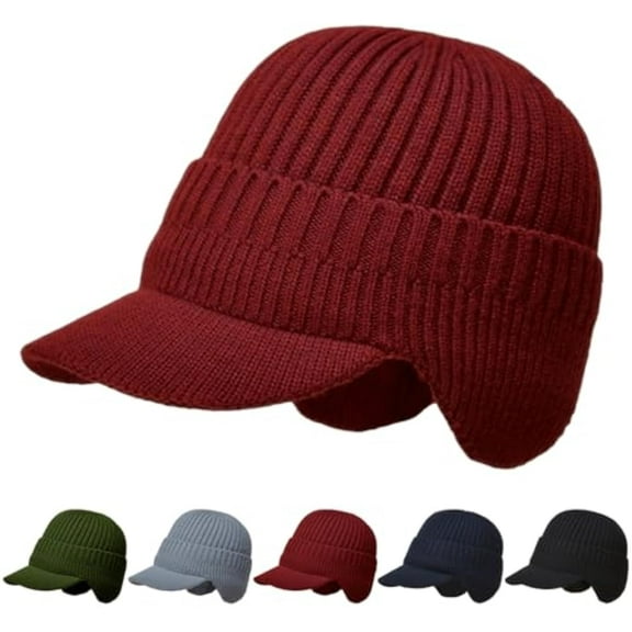 2026 New Beanie With Plush Material, Cozy Head Beanie, Beanie with Ear Flaps Mens Women, Winter Hat with Brim and Ear Flaps(RED)