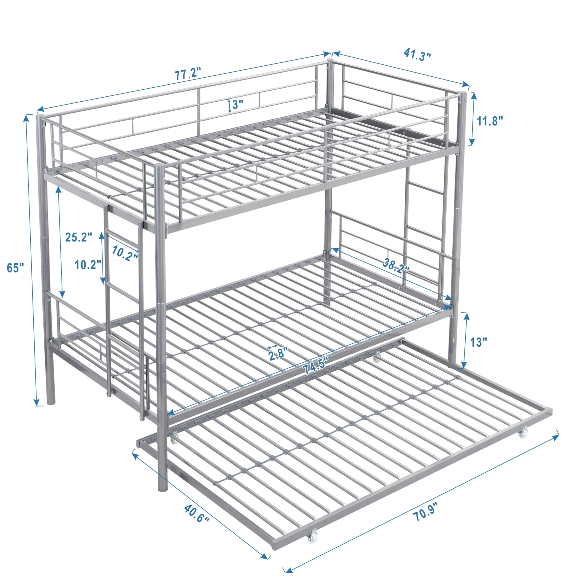 Twin Over Twin Bunk Bed with Trundle,Metal Bed Frame for Kids Adults Teens,Heavy Duty Metal Bed Frame with Safety Rail Side Ladders,Can Be Divided Into 2 Twin Beds with Trundle,Silver