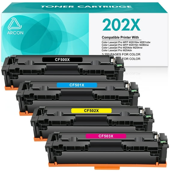 Arcon 202X Toner Cartridges Compatible for HP 202X CF500X 202A CF500A HP Color LaserJet Pro MFP M281fdw M254dw M281cdw M281fdn M281 M254 CF501A CF502A CF503A Printer Ink (Black Cyan Yellow Magenta)