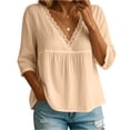 thumbnail image 2 of Women's Fashion Casual Three-Quarter Sleeve Lace V-Neck Pullover Shirt, Elegant Blouse, Spring Summer Top for Women,Complexion,L, 2 of 5