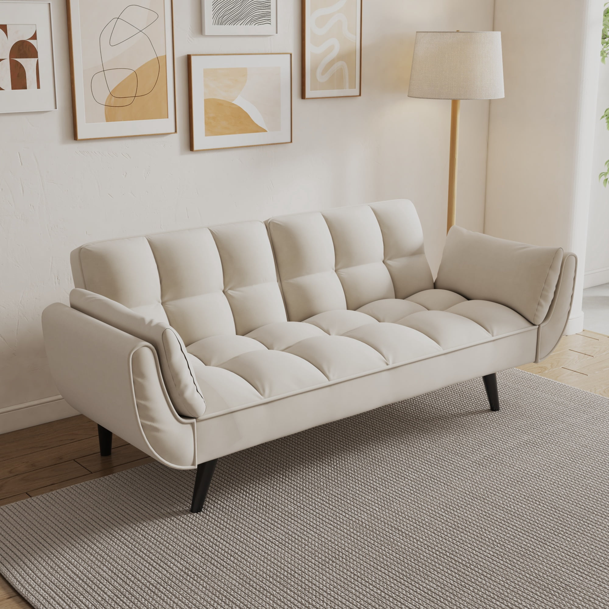 Leumius 74" Modern Loveseat Sofa for Living Room,Velvet Futon sofa bed with Adjustable Back & with 2 Throw Pillow for Bedroom,Small Spaces,Beige